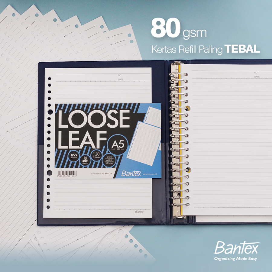 Loose Leaf Paper untuk Multi Ring Binder A5 / HVS 80 gsm / 50 lembar / 20 lubang / 30 baris - samping